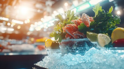 Fresh Seafood Display with Ice and Garnishes in Vibrant Setting