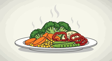 Colorful and Nutritious Vegetable Medley on a Plate, Cartoon Illustration
