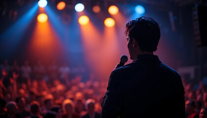 Male Speaker Holding a Microphone on a Stage with a Blurry Crowd and Orange and Blue Lights. People, Events, Entertainment.