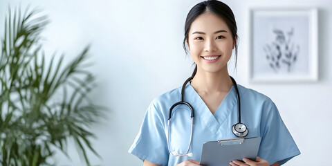 Smiling female nurse in blue scrubs holding clipboard with stethoscope around neck