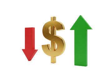 Fototapeta premium Golden dollar sign with red down arrow and green up arrow isolated on transparent background
