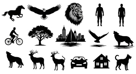 Silhouettes Animals, people, objects, nature, and city, various iconic shapes