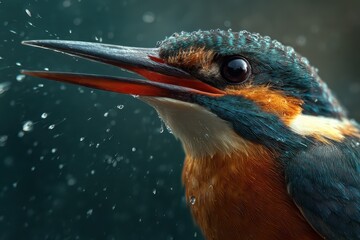 Kingfisher Drinks Water, Forest Background, Close-Up, Nature
