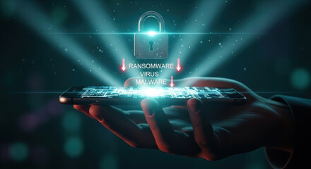 Mobile Security Threat: Hand Holding Smartphone Displaying Ransomware, Virus, Malware Attack with Padlock. Cyber Security and Data Protection Concept.