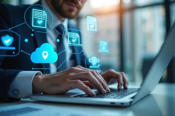 Professional managing data with futuristic cloud technology interface