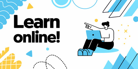 Learn online with a person using a laptop and abstract shapes