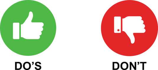 do's and don'ts icon. to do and not to do symbol for guidelines and rules list. buttons with thumbs up and thumbs down sign. vector illustration on transparent background.