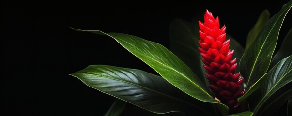 Fototapeta premium Close-up of a vibrant red flower atop dark green leaves.