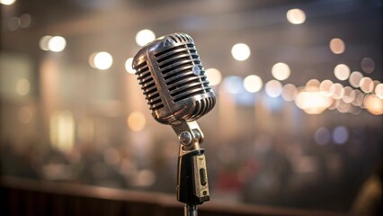 Classic chrome microphone stands ready on stage, lights twinkling behind
