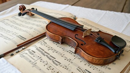 Fototapeta premium Classic violin rests on musical score atop white cloth, well-lit shot