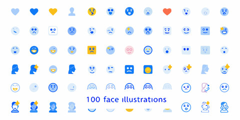 Collection of 100 diverse emoji and face illustrations