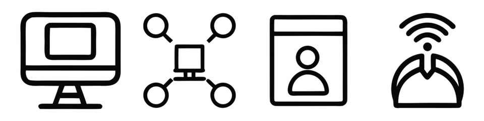 Computer network profile and wifi signal icons in black outline monitor screen