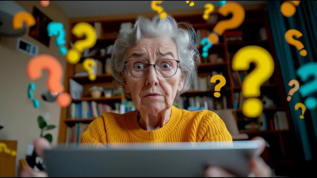 Confused elderly woman using laptop computer with many flying question marks. Mature old lady has difficulties to use technology devices, understand information, banking platform, forget password