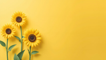 Fototapeta premium Three yellow sunflowers on a vibrant yellow background, studio shot