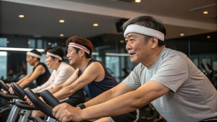 Exercise class riding stationary bikes in gym