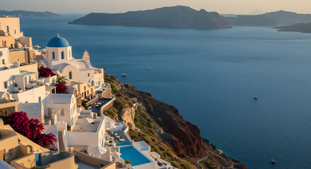Fototapeta premium Iconic whitewashed village with a blue-domed church perched on a cliff in Santorini, Greece, overlooking the Aegean Sea.