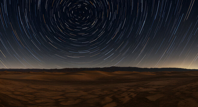 Long exposure star trails form circles in the night sky above a desolate, rocky landscape.