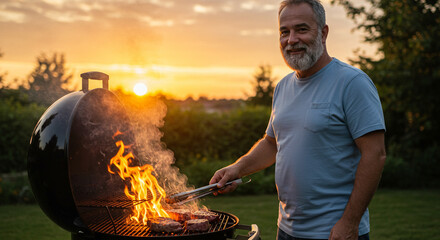 Middle-aged dad grilling steaks on a backyard barbecue