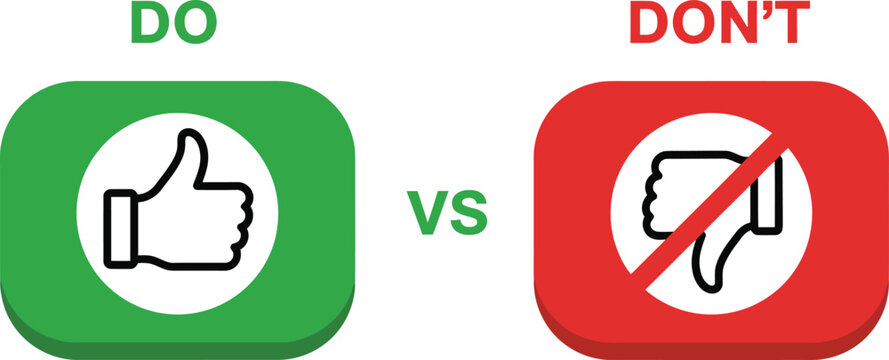 do's and don'ts icon. to do and not to do symbol for guidelines and rules list. buttons with thumbs up and thumbs down sign. vector illustration on transparent background.