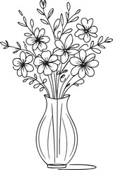 A minimalist black-and-white line art illustration of a bouquet of flowers in a vase, drawn in a continuous, elegant outline style.