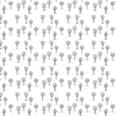 Fototapeta premium A seamless pattern of black-and-white line art flower arrangements in vases, repeated evenly across a white background, creating an elegant and minimal botanical design.