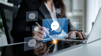 Naklejka premium Customer or business team feedback system highlighting comments, opinions, evaluations, reviews, and suggestions from users to improve services, communication, and product quality idea insight Latch