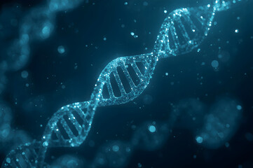 Abstract, geometric, futuristic DNA strand, intricate molecular structure, glowing translucent blue particles, dynamic energy flow,
