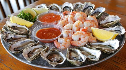 Fresh Seafood Platter with Shrimp and Oysters on Ice Display