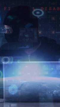 Animation of cyber attack warning over scopes scanning and hacker