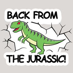 Cartoon green dinosaur appears breaking through cracked wall with Jurassic text, transparent background