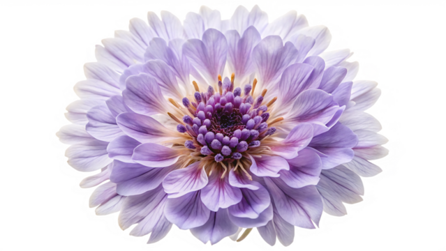 Close up of a delicate lavender and white chrysanthemum flower with a dark purple center against a black background