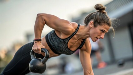 Fototapeta premium Woman in athletic wear, performing a kettlebell exercise outdoors. Urban setting visible in the background