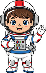 Cartoon astronaut character, smiling space explorer, waving cosmonaut in suit, friendly vector, helmet, tubes, buttons, flat illustration, cad drawing