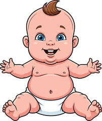 Cartoon baby sitting, cute infant character, chubby toddler in diaper, playful child pose, flat vector, childcare, parenting, adorable