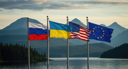Fototapeta premium Set of four country flags: Russia, Ukraine, USA, and EU side by side