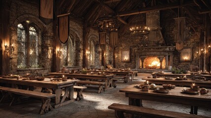 Medieval Great Hall Feast, Stone Walls, Fire, Banquet