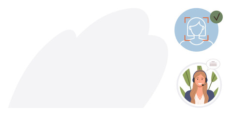 Face scan with verification icon and friendly customer service representative with headset. Ideal for technology, security, customer service, online communication, AI, identity verification, digital