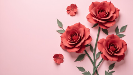 Obraz premium Red paper roses arrangement on a light pink background, flat lay.