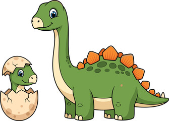 Cartoon dinosaurs, parent and baby, green long-neck dinosaur, hatching egg, cute family scene, vector art, children’s illustration
