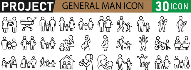 Minimal General Man Icon Pack – 30 Pixel Perfect Editable Stroke Line Icons for Family, Parenting, and Daily Life

