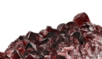 dark red large druse of ruby crystals on white background