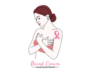Pink ribbon, women's breast outline vector illustration. One line drawing concept, poster for Pink ribbon, National Breast Cancer Awareness Month.
