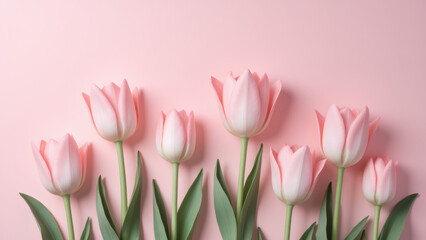 Fototapeta premium Pink tulips on a pastel background, a spring floral arrangement.