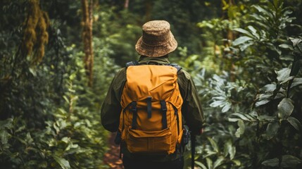 Fototapeta premium A man with a backpack is hiking through a dense forest on a sunny day