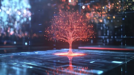 Digital tree of life glowing with red light on a circuit board surface