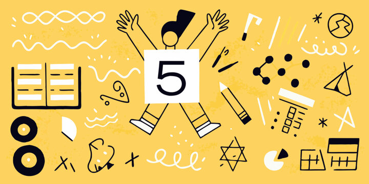 Joyful student with number five and school supplies on yellow background