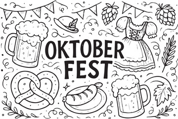 oktoberfest fun with beer, pretzel, sausages, and traditional costumes in a detailed hand drawn line art style