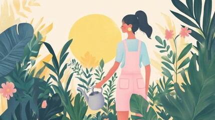 A woman waters her garden plants on a sunny day with a watering can