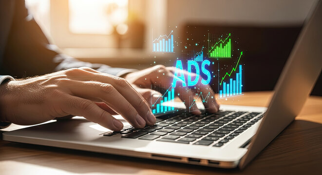 Effective Digital Advertising Strategy: Man Typing on Laptop with Data Analytics and Growth Charts for Online Marketing Campaign Success (SEO)