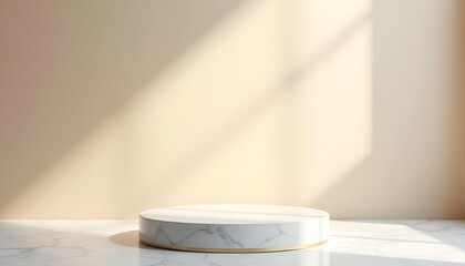 A sleek white marble podium with subtle gold trim, Luxury display stage for premium product presentation